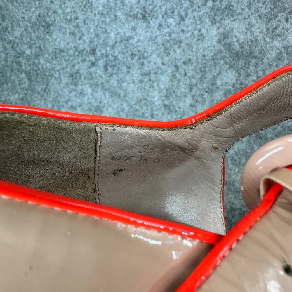 Cynthia Rowley Nude Patent Leather Neon Orange Piping Wedge Mary Jane Pumps 38.5